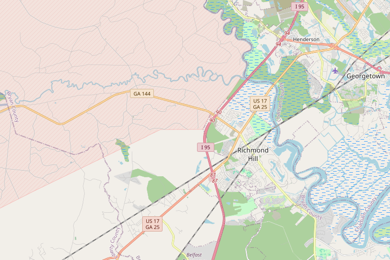 Street map of Richmond Hill, GA showing I-95, US-17, and surrounding Bryan County area